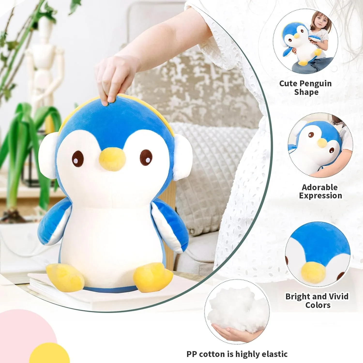 16" Cute Big Penguin Blue Plush Cushions, Large Blue Penguin Plushies Toys,Stuffed Animals Penguins Gift for Girls, Boy, Lovers, Valentine's Day, Birthdays