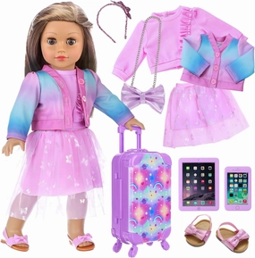 18 Inch Girl Doll Accessories Suitcase Travel Luggage Set with Carrier Storage,Clothes, Skirt,Shoes,Cross-Body Bag,Hair Hoop,Cellphone,Panel Computer(No Doll)