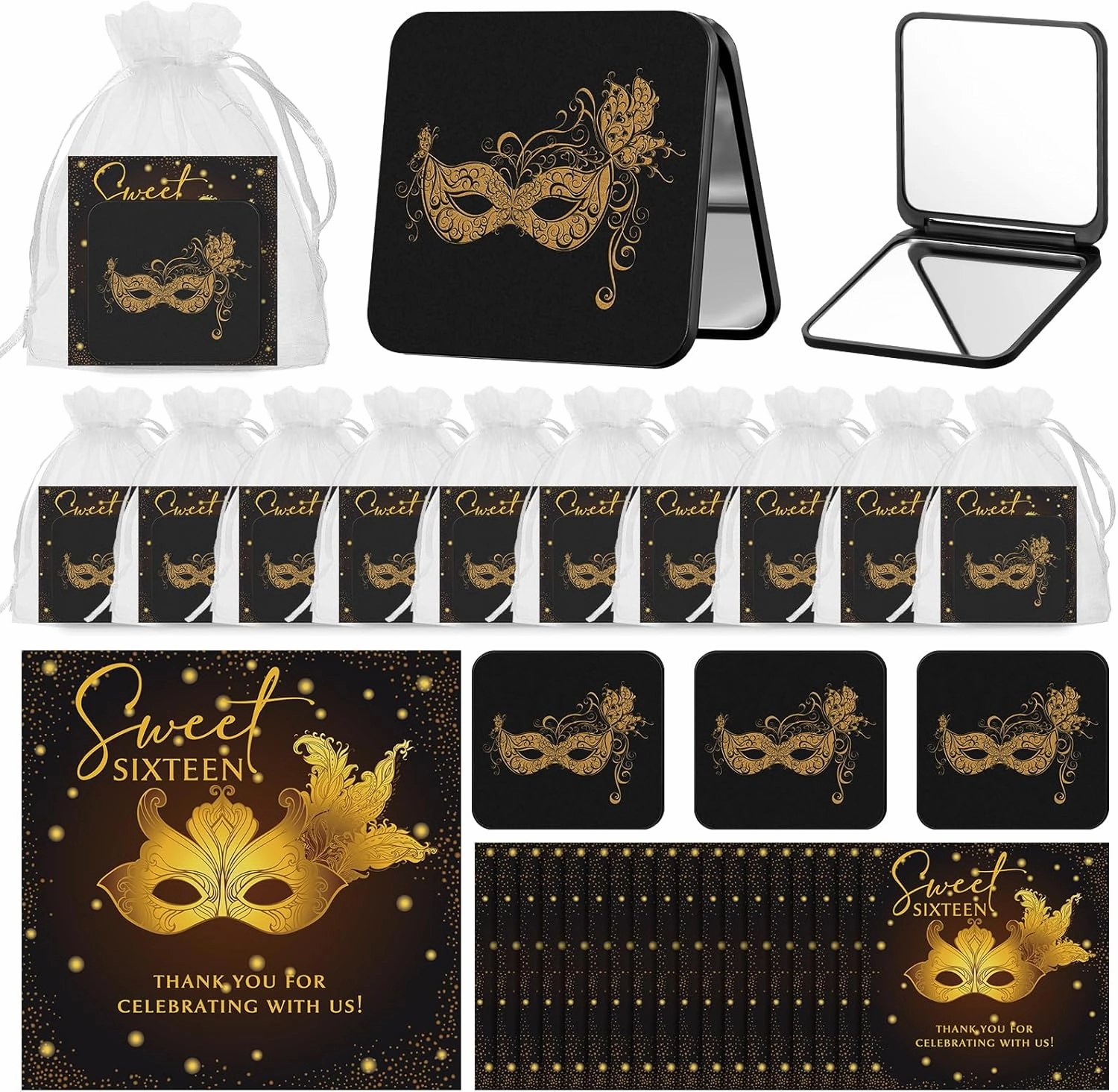 18 Set Masquerade Party Favors for Guests Sweet 16 Gifts Bulk Include Plastic Mask Design Compact Mirrors Thank You Cards Organza Bags Masquerade Ball Decor for Girls Quinceanera Birthday