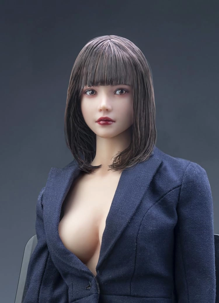 1/6 Scale Planted Hair Female Head Sculpt Cute Young Girl Brown Shoulder Length Hair Straight Bang Head for 12inch Phicen, TBLeague Action Figure