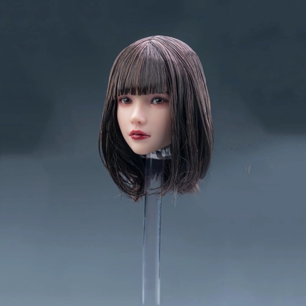 1/6 Scale Planted Hair Female Head Sculpt Cute Young Girl Brown Shoulder Length Hair Straight Bang Head for 12inch Phicen, TBLeague Action Figure