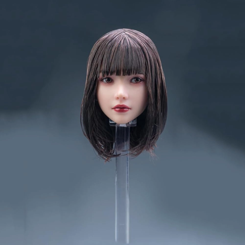 1/6 Scale Planted Hair Female Head Sculpt Cute Young Girl Brown Shoulder Length Hair Straight Bang Head for 12inch Phicen, TBLeague Action Figure