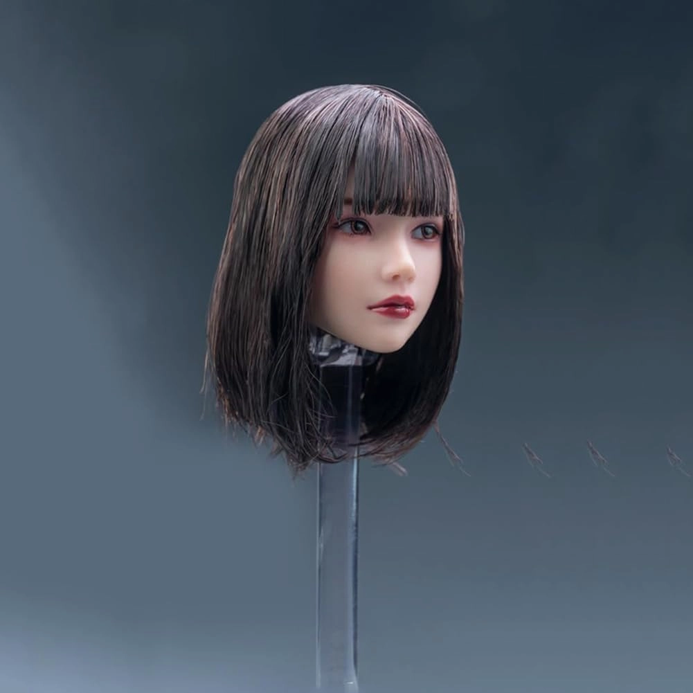 1/6 Scale Planted Hair Female Head Sculpt Cute Young Girl Brown Shoulder Length Hair Straight Bang Head for 12inch Phicen, TBLeague Action Figure