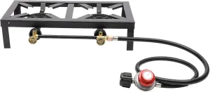 2 Burner Portable Outdoor Gas Stove, Outside Camping BBQ Grill Stove Burner Propane Burners Cooker with 0-20 PSI Adjustable High Pressuer and Regulator Hose, Black