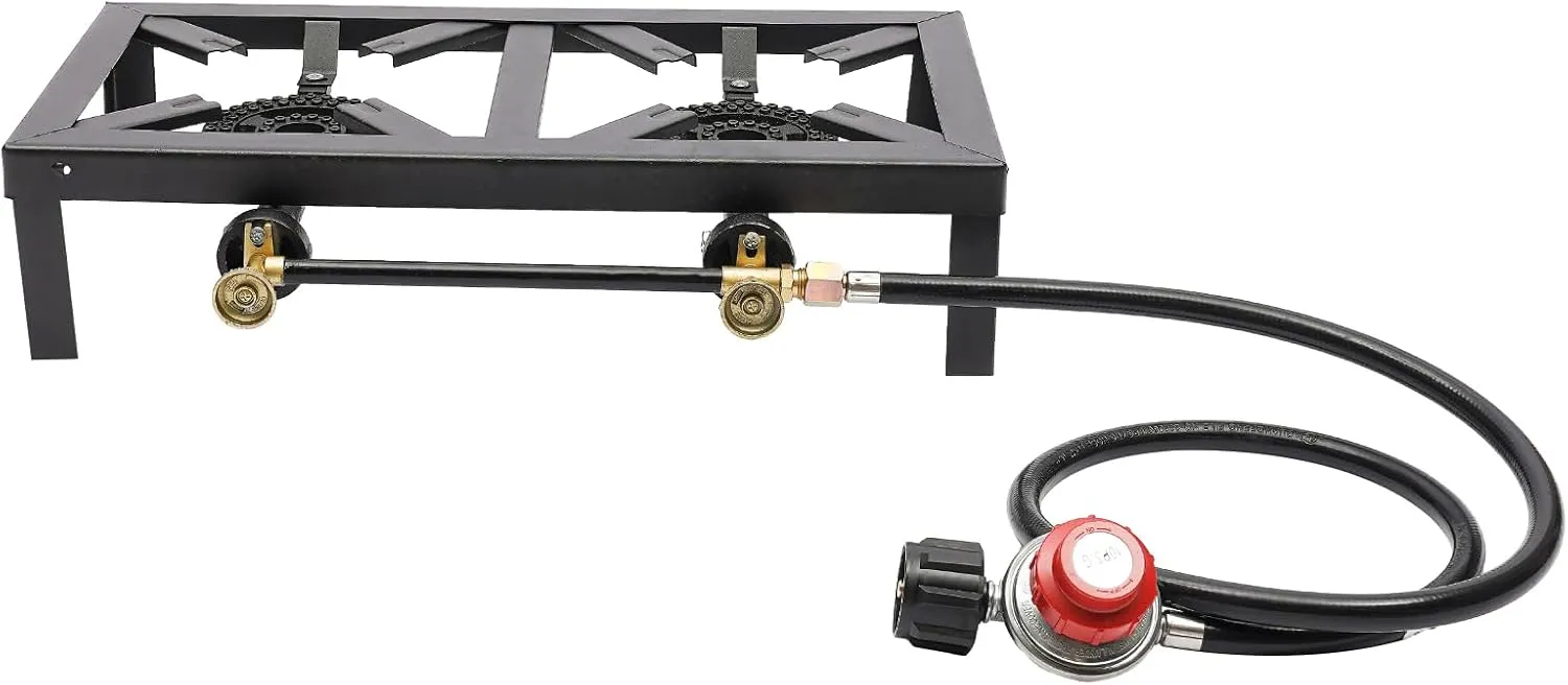 2 Burner Portable Outdoor Gas Stove, Outside Camping BBQ Grill Stove Burner Propane Burners Cooker with 0-20 PSI Adjustable High Pressuer and Regulator Hose, Black