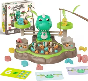 2 in 1 Dinosaur Magnetic Fishing & Balance Math Game, 21 Pcs Dinosaur Toys with 10 Interactive Math Cards, Math Learning Counting Toys, Pre-Educational Board Game for Ages 3-6 (Light Green)