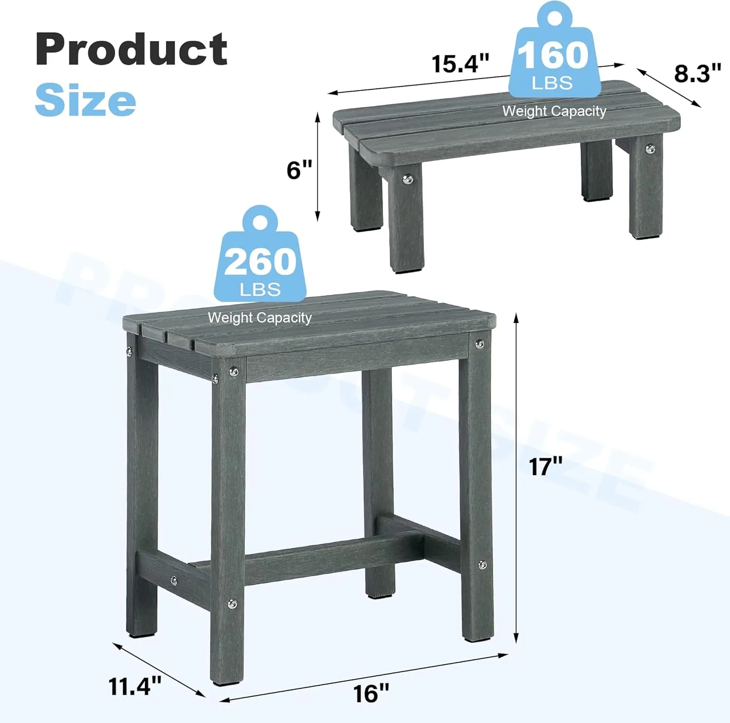 2-in-1 Outdoor Side Table with Removable Small Foot Stool, HDPS Small Outdoor Table for Patio, Porch, Deck, Pool Plant Stand Grey
