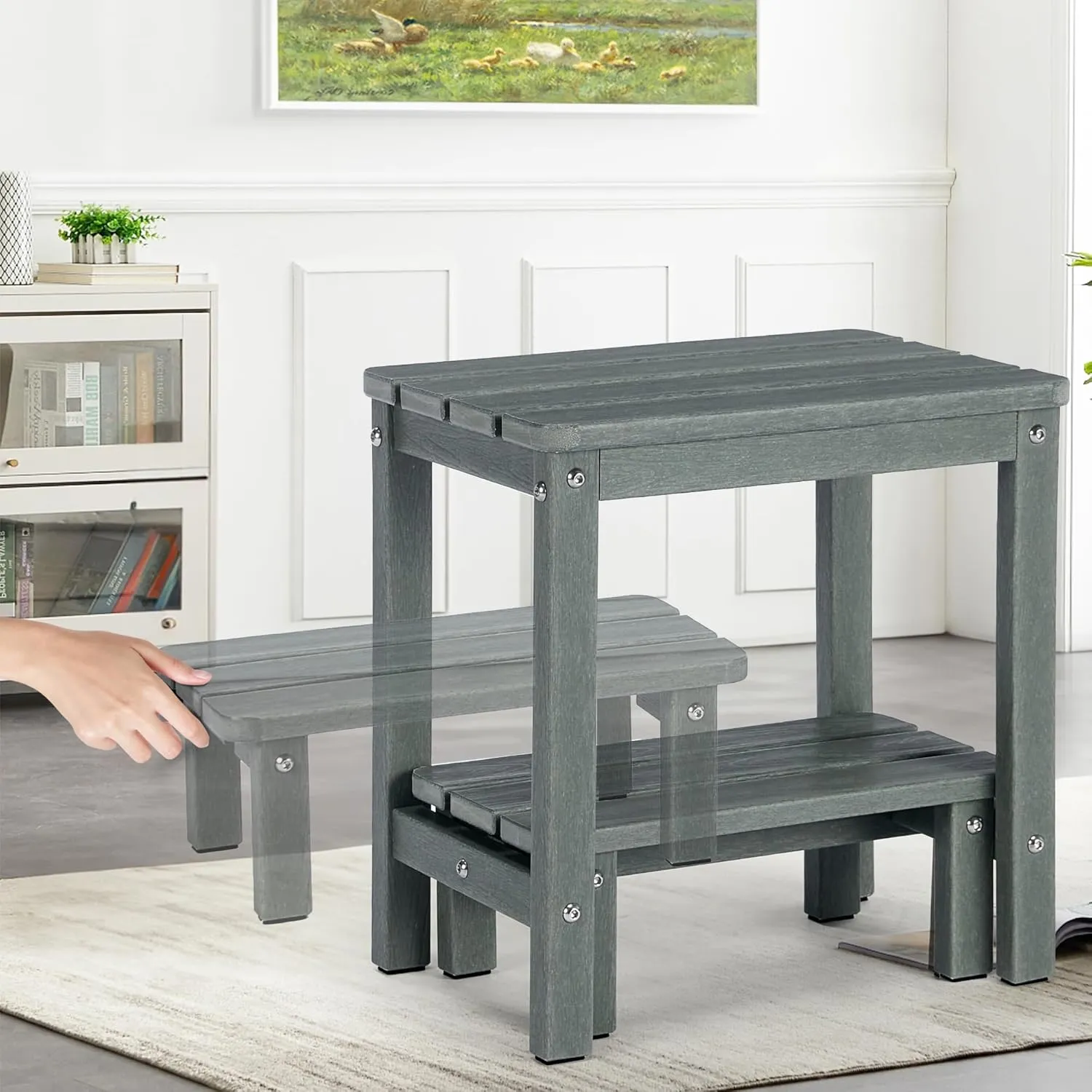 2-in-1 Outdoor Side Table with Removable Small Foot Stool, HDPS Small Outdoor Table for Patio, Porch, Deck, Pool Plant Stand Grey