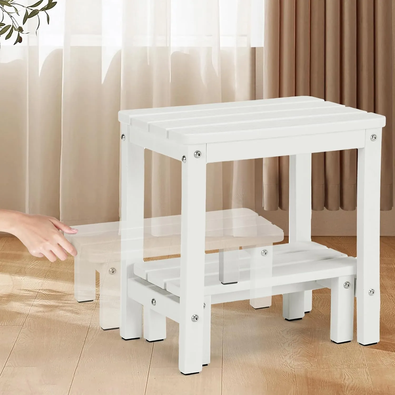 2-in-1 Outdoor Side Table with Removable Small Foot Stool, HDPS Small Outdoor Table for Patio, Porch, Deck, Pool Plant Stand White