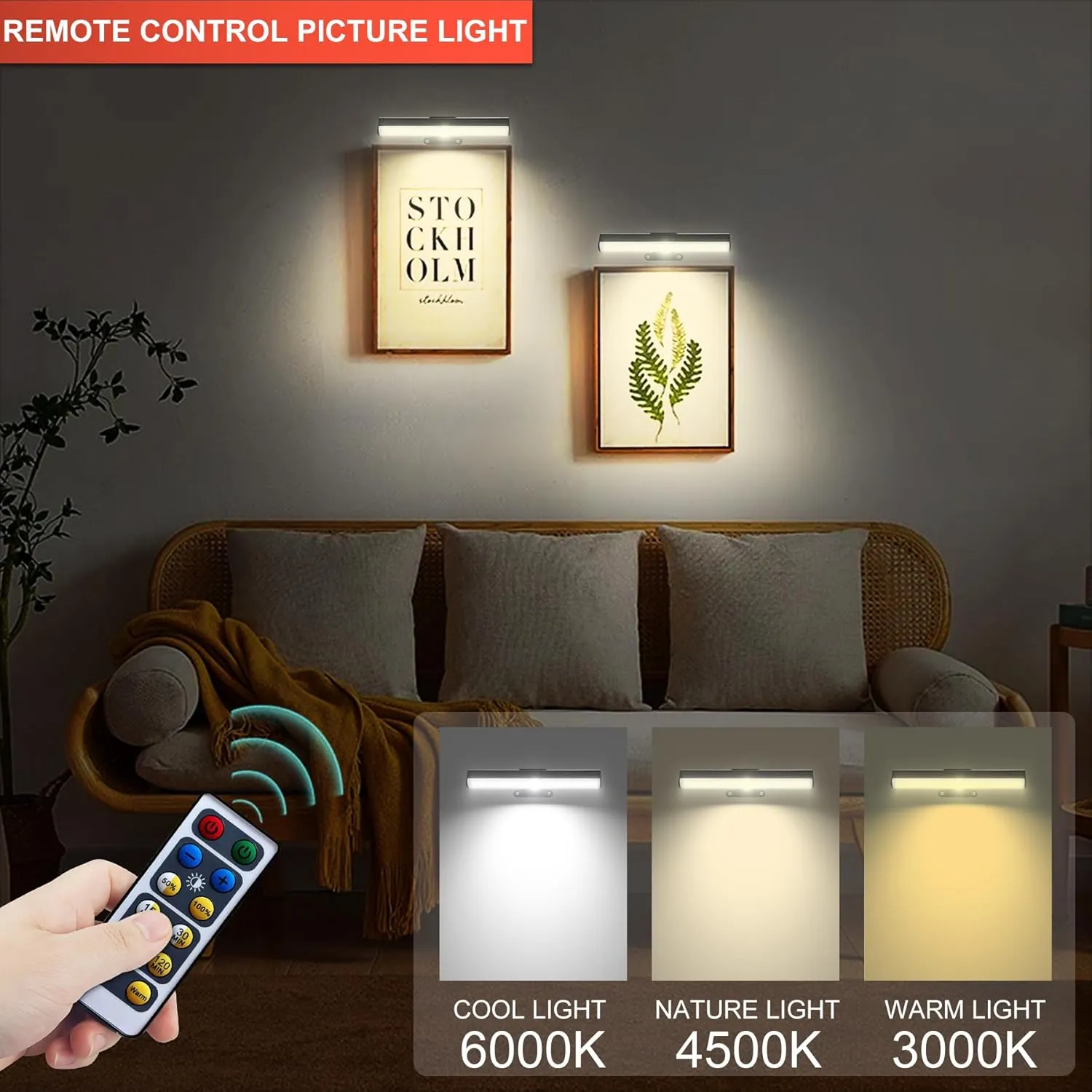 2 PACK Picture Light for Painting Battery with Remote on Wall in Bedroom Living Room, 3Lighting for Wall Art Pictures Posters,Dimmable Timer Set Display Accent Light for Frame Dart Gallery Portrait