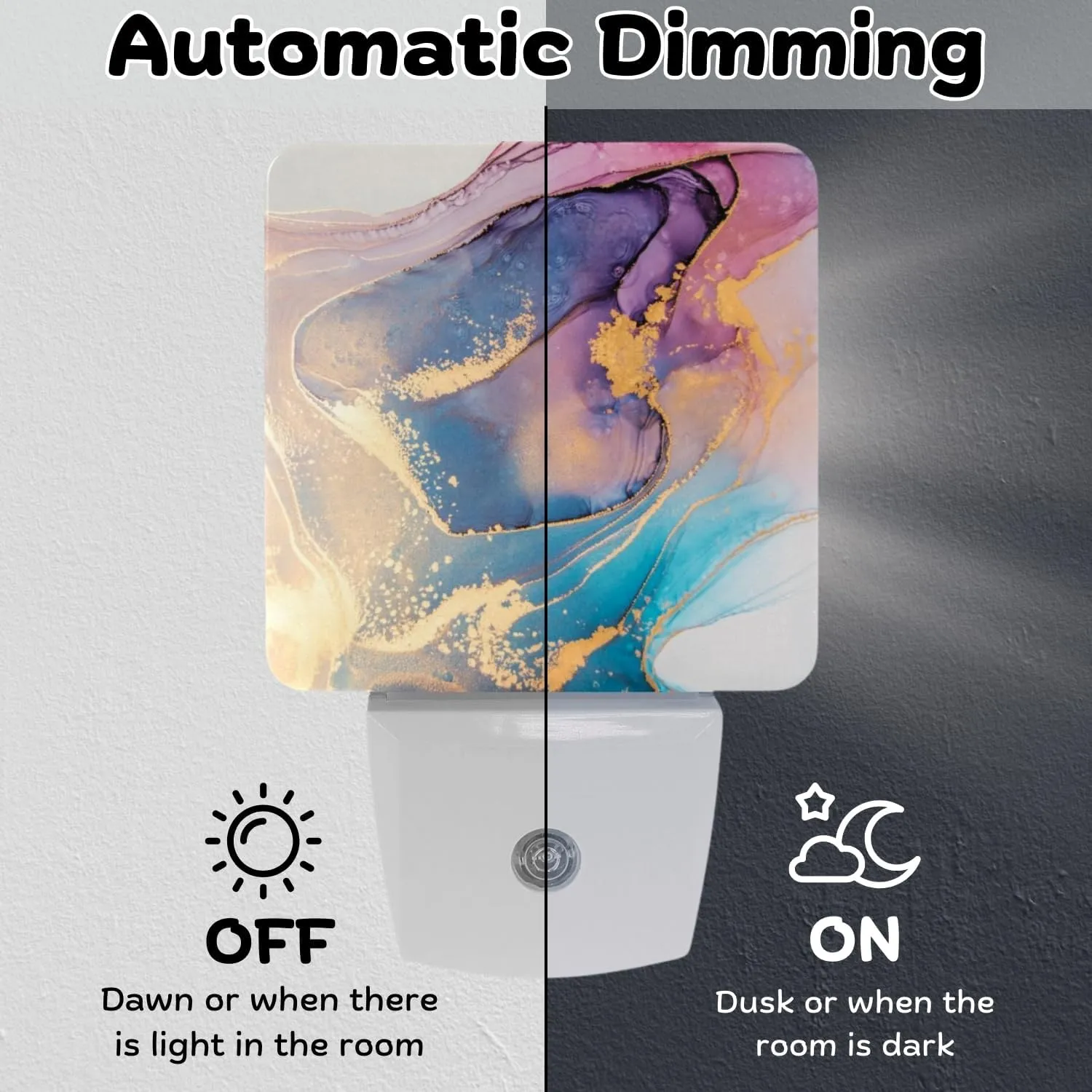 2 Pack Plug-in Night Lights - Automatic Sensor Dusk-to-Dawn LED Warm Sweet Wall Nightlight for Home, Bedroom, Kitchen, Hallway (Colorful Gold Marble)