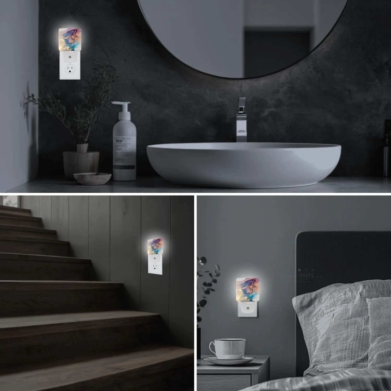 2 Pack Plug-in Night Lights - Automatic Sensor Dusk-to-Dawn LED Warm Sweet Wall Nightlight for Home, Bedroom, Kitchen, Hallway (Colorful Gold Marble)