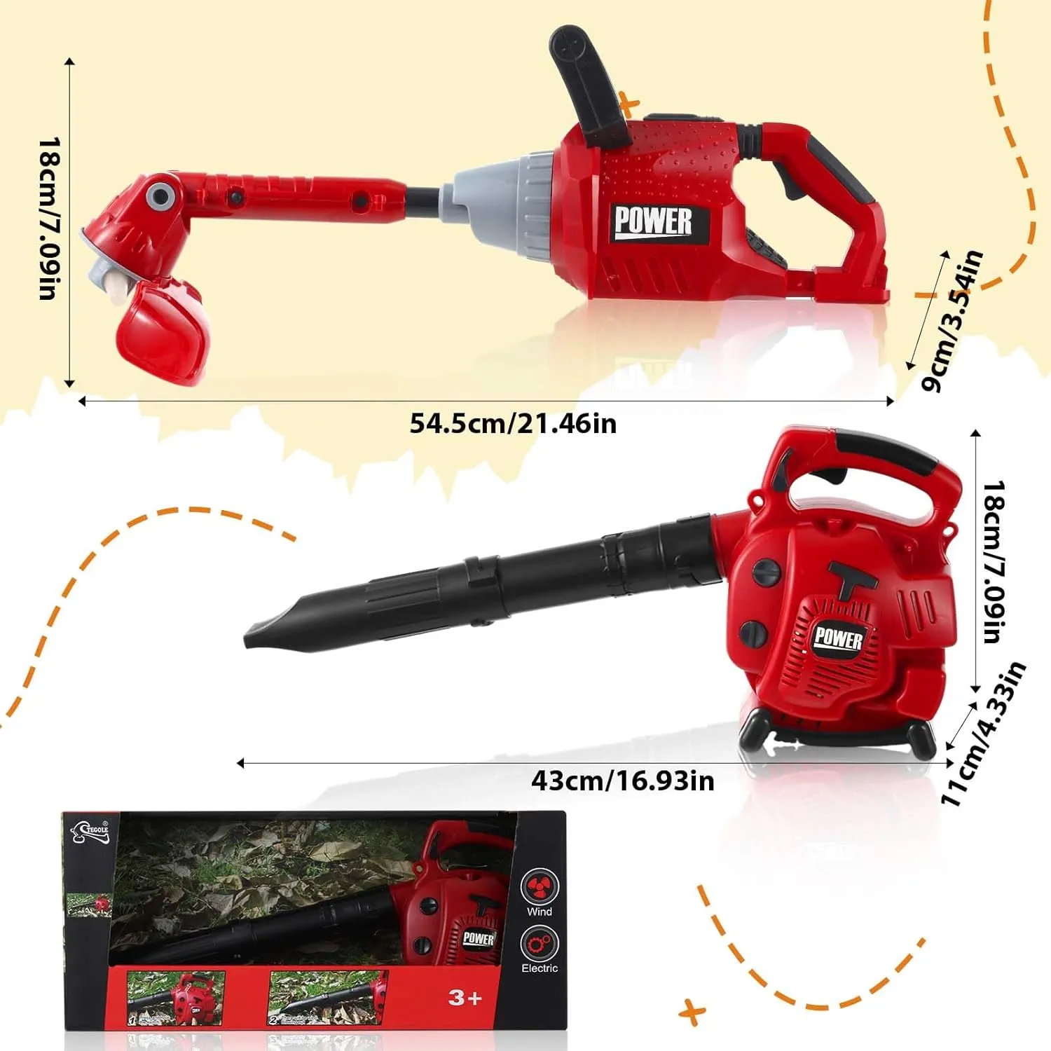2 Pcs Toy Gardening Tool Set for Kids Toy Leaf Blower Lawn Trimmer Chainsaw Battery Powered Gardening Tool Set with Lights and Sounds Gift for Boys Girls (Classic Style)