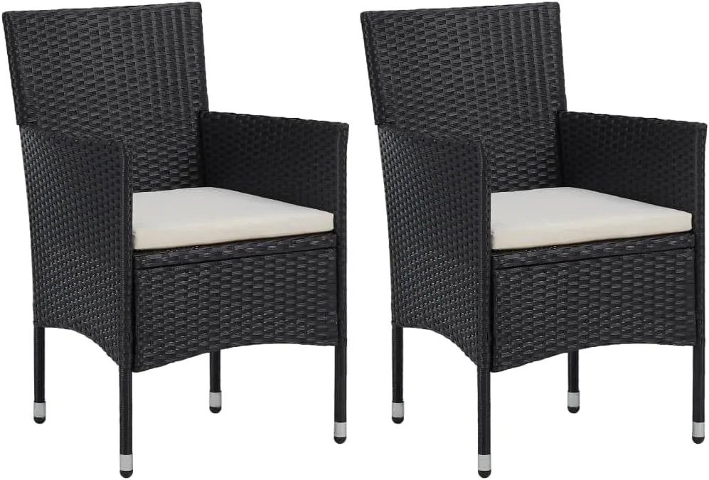 2-Piece Modern Poly Rattan Dining Chairs Set with Cushions, Steel Frame Outdoor Patio Furniture for Backyard, Poolside, and Dining Areas, Black