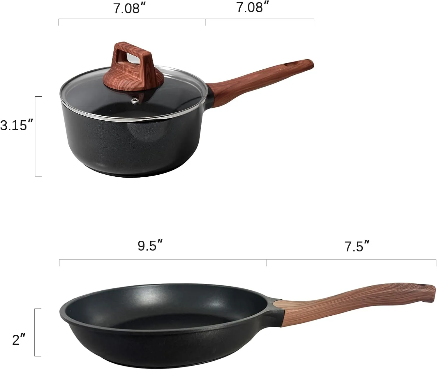 2 Quart Sauce Pan with Lid and 9.5 Inches Nonstick Frying Pan, Non Stick Frying Pan and Saucepan Pot Set for Cooking with Pour Spout and Handle for Stove, Induction, Gas, Non Toxic, PFOA Free (3 PCS)