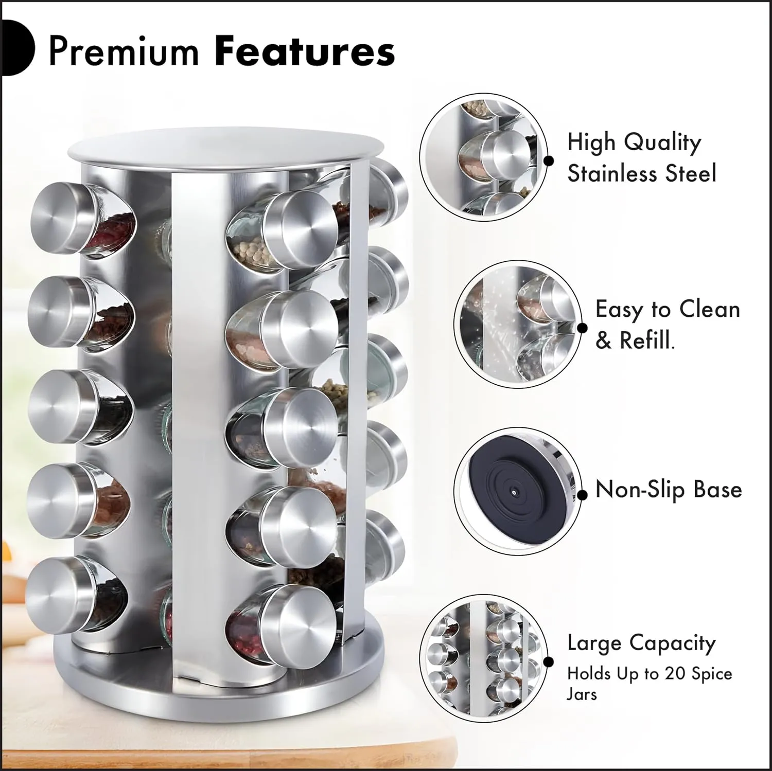 20 Jar Revolving Countertop Spice Rack, Polished Stainless Steel (Silver)