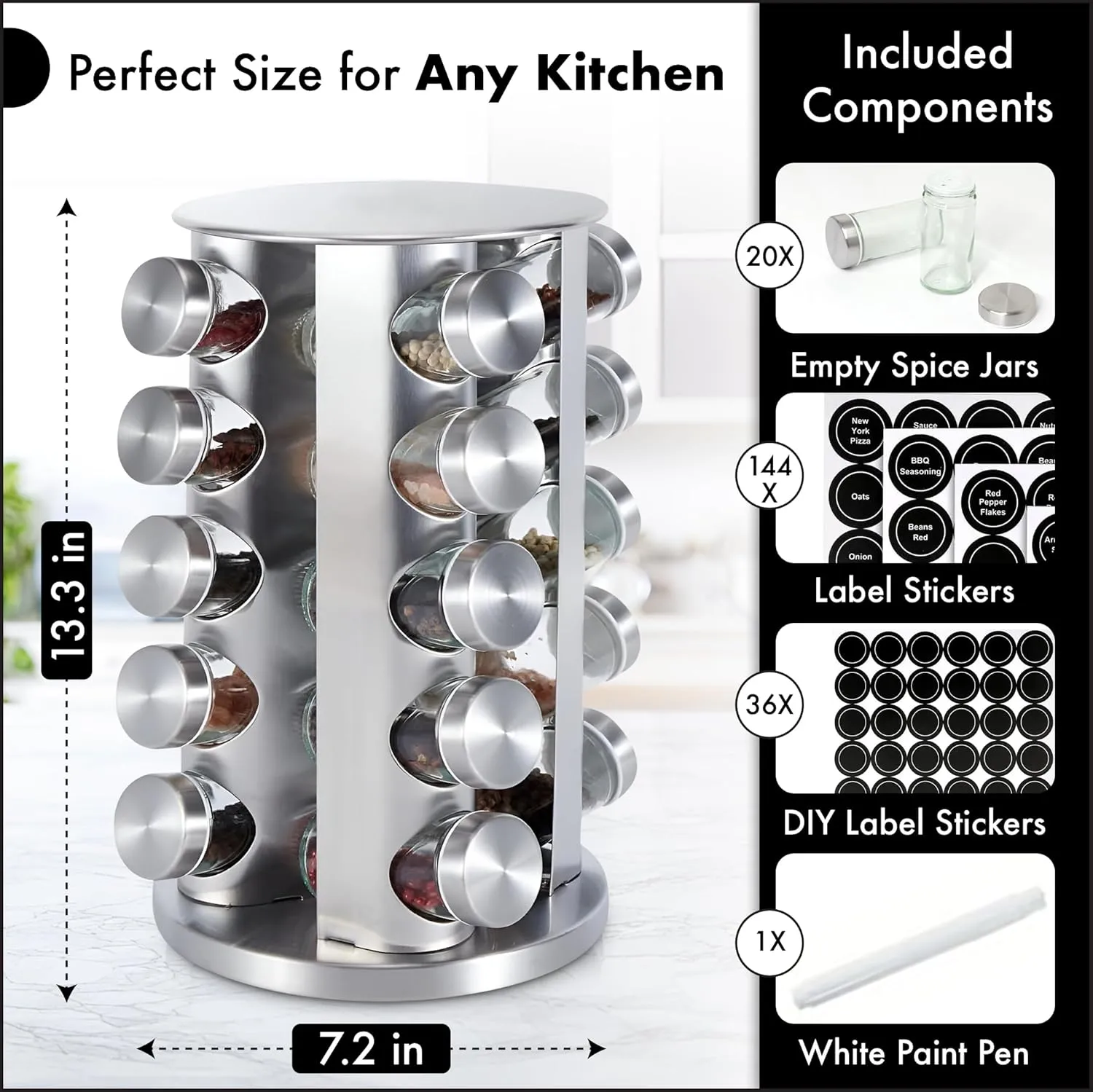 20 Jar Revolving Countertop Spice Rack, Polished Stainless Steel (Silver)