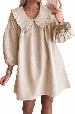 2025 Women's Babydoll 3/4 Puff Sleeve Plaid Mini Dress Lapel Doll Collar Loose Babydoll Dress for Women