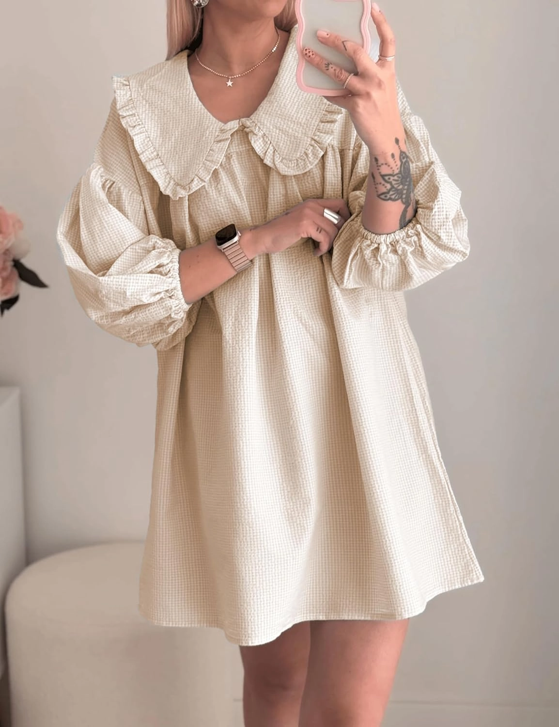 2025 Women's Babydoll 3/4 Puff Sleeve Plaid Mini Dress Lapel Doll Collar Loose Babydoll Dress for Women