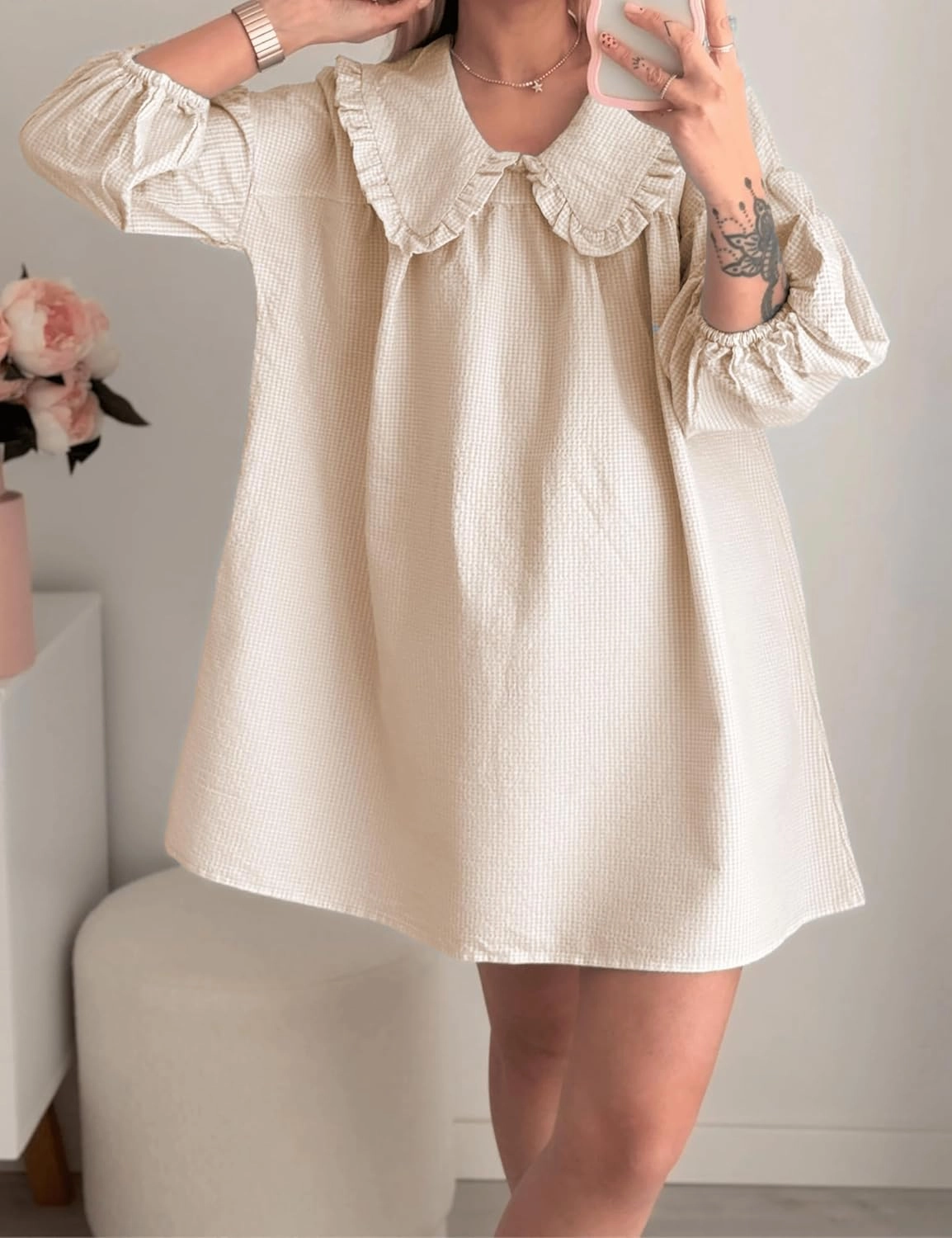 2025 Women's Babydoll 3/4 Puff Sleeve Plaid Mini Dress Lapel Doll Collar Loose Babydoll Dress for Women