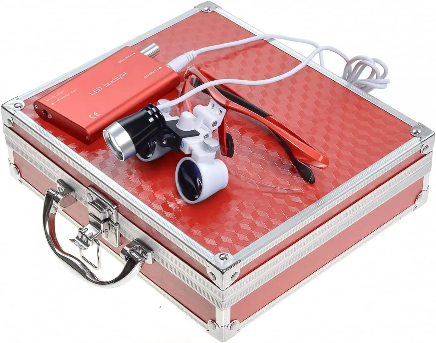 2.5X420mm Binocular Loupe 3W LED Head Light Lamp   Aluminum Box (Red)