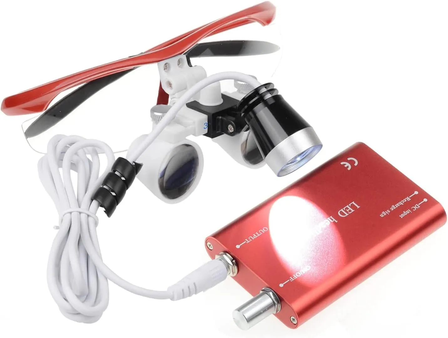 2.5X420mm Binocular Loupe 3W LED Head Light Lamp   Aluminum Box (Red)