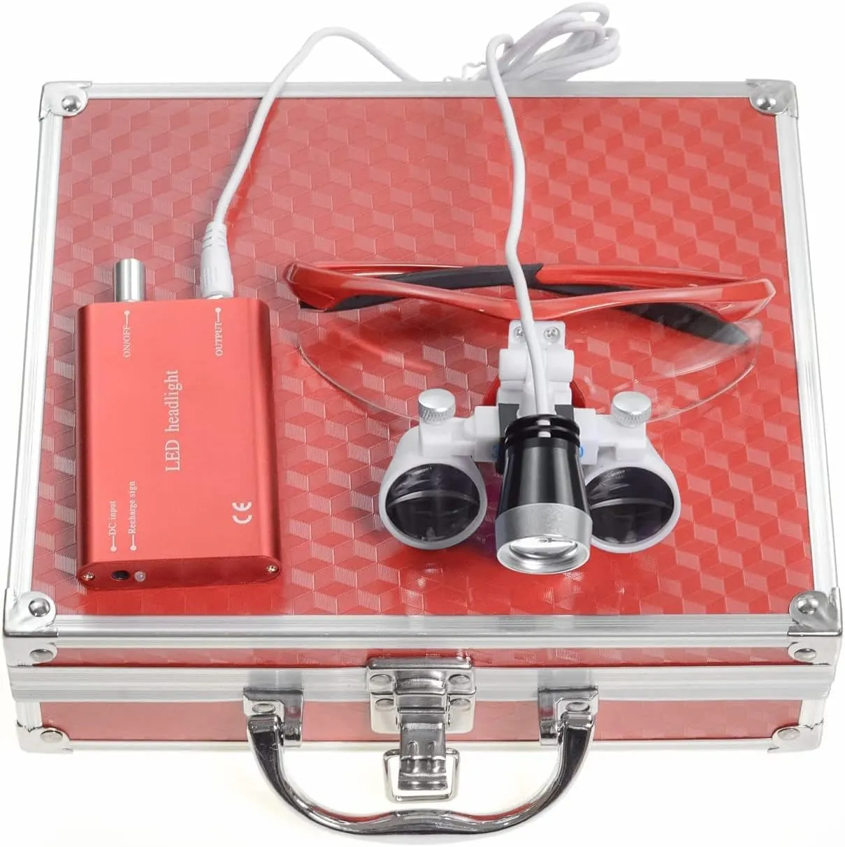 2.5X420mm Binocular Loupe 3W LED Head Light Lamp   Aluminum Box (Red)