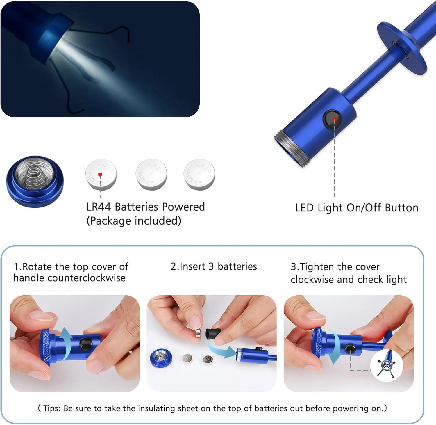28.34in Grabber Tool Magnetic Four-Claw Picker, Bendable Hose Reacher Pickup Sweeper with LED Light Battery, Flexible Long Handy Reaching Assist Tool for Litter Pick/Home Sink/Drain, Blue