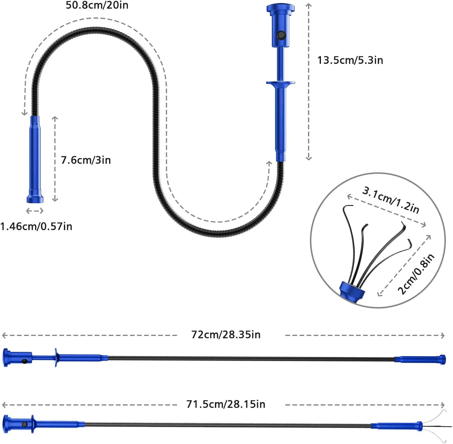 28.34in Grabber Tool Magnetic Four-Claw Picker, Bendable Hose Reacher Pickup Sweeper with LED Light Battery, Flexible Long Handy Reaching Assist Tool for Litter Pick/Home Sink/Drain, Blue