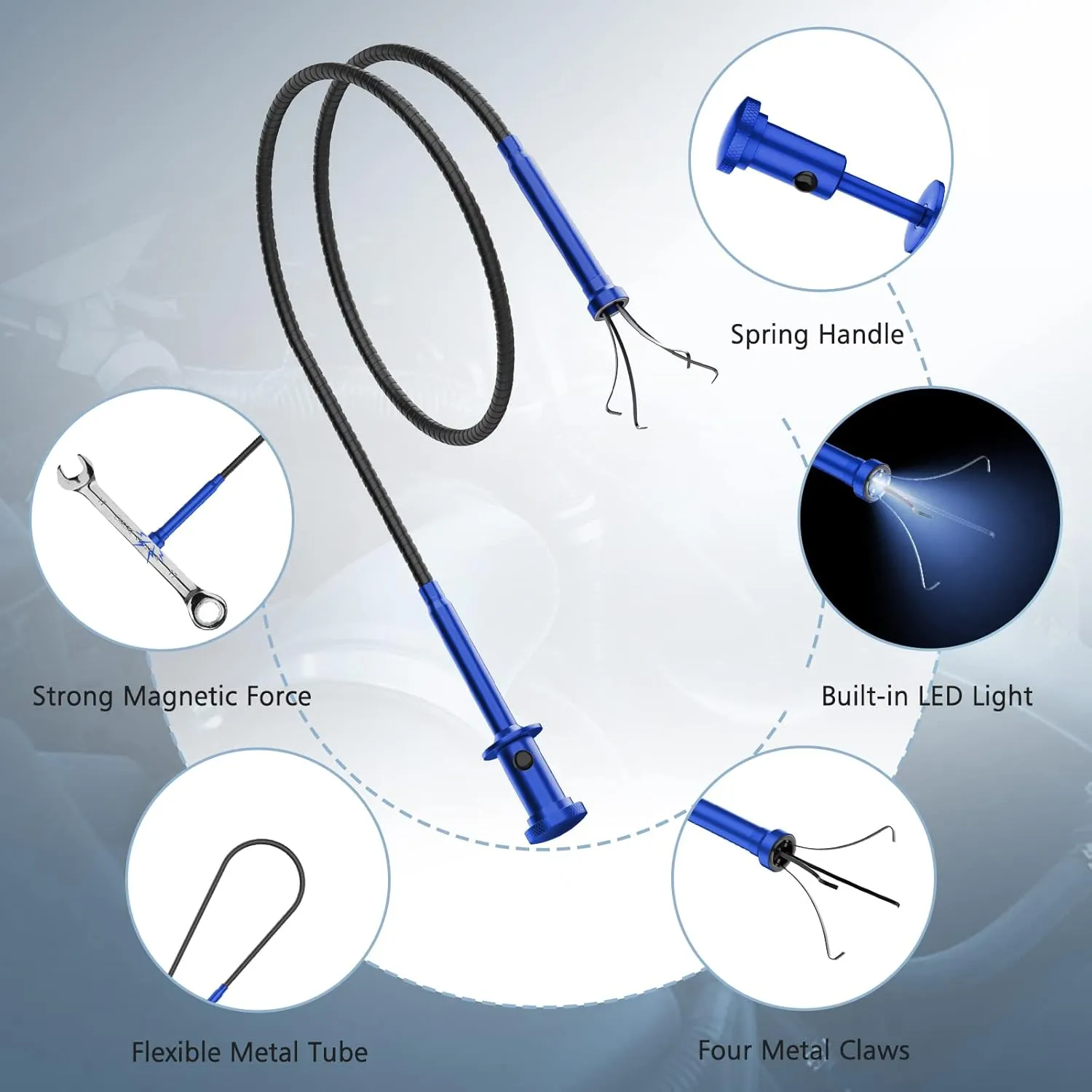 28.34in Grabber Tool Magnetic Four-Claw Picker, Bendable Hose Reacher Pickup Sweeper with LED Light Battery, Flexible Long Handy Reaching Assist Tool for Litter Pick/Home Sink/Drain, Blue