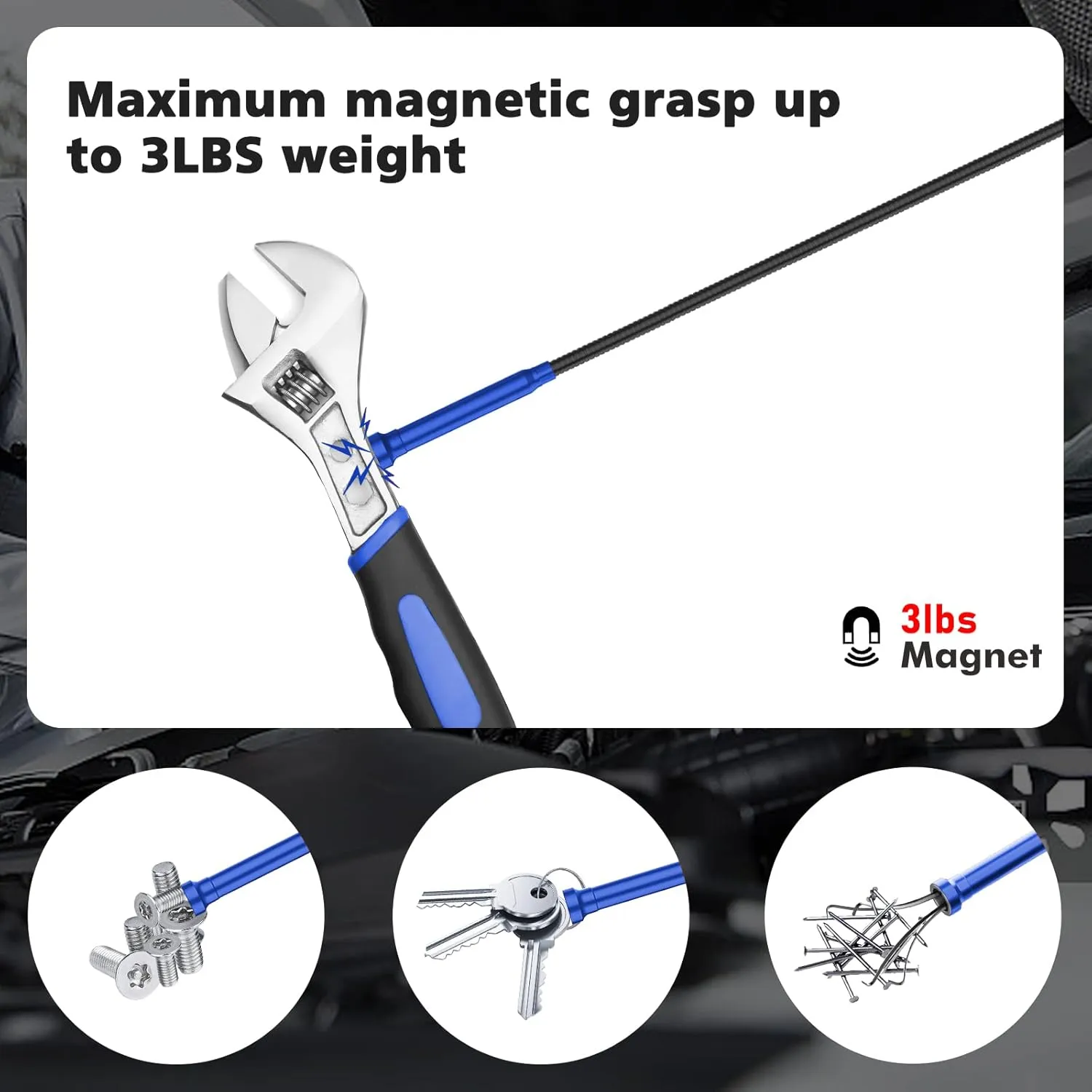 28.34in Grabber Tool Magnetic Four-Claw Picker, Bendable Hose Reacher Pickup Sweeper with LED Light Battery, Flexible Long Handy Reaching Assist Tool for Litter Pick/Home Sink/Drain, Blue