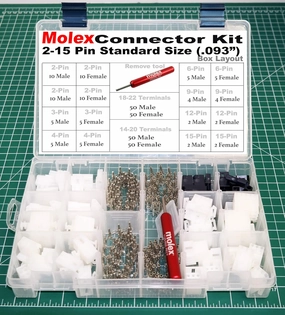287pcs Molex 2-15 Pin 14A Connector Kit 0.093", Wire Gauge 14-22 AWG w/Remove Tool