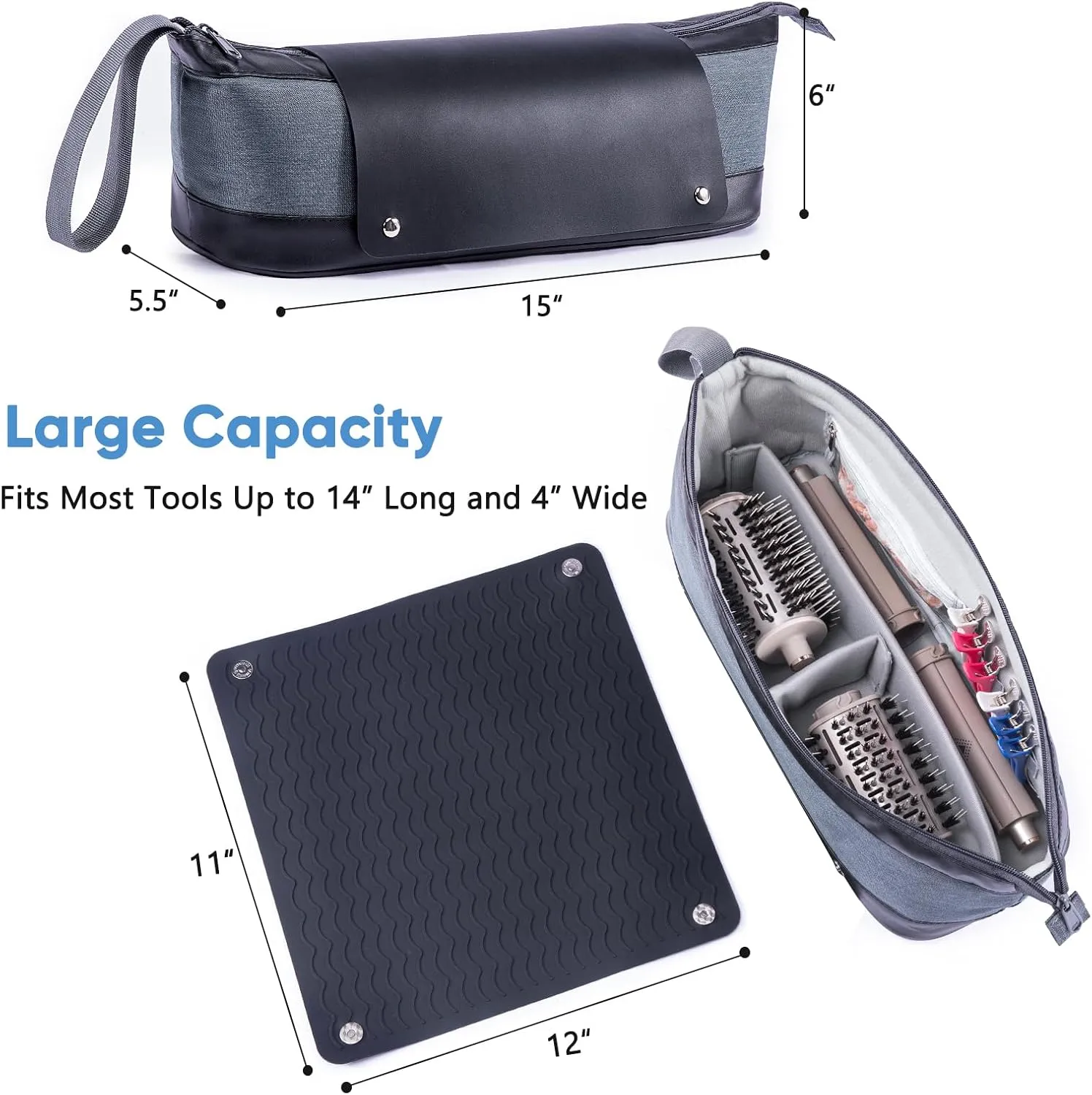2IN1 Hair Tools Travel Bag with Removable Heat Resistant Mat Curling Iron Travel Case, Hair Dryer Organizer for Flat Irons, Straighteners and Haircare Accessories, Hot Tools Travel Bag Hair