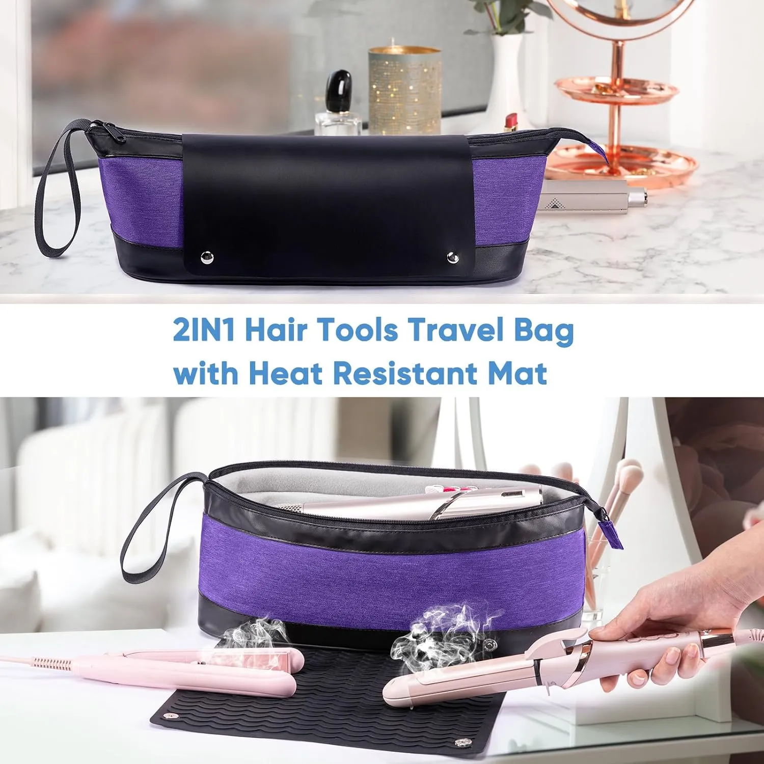 2IN1 Hair Tools Travel Bag with Removable Heat Resistant Mat Curling Iron Travel Case, Hair Dryer Organizer for Flat Irons, Straighteners and Haircare Accessories, Hot Tools Travel Bag Hair
