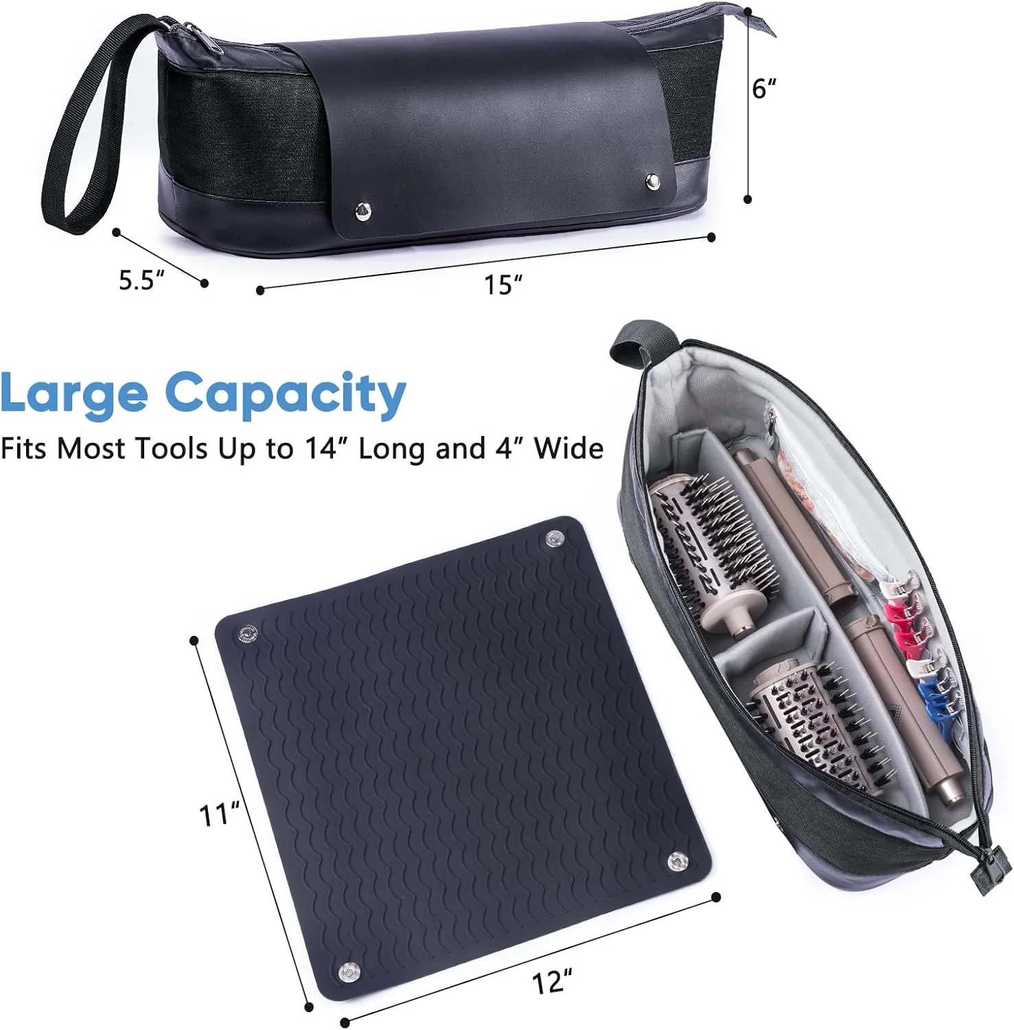 2IN1 Hair Tools Travel Bag with Removable Heat Resistant Mat Curling Iron Travel Case, Hair Dryer Organizer for Flat Irons, Straighteners and Haircare Accessories, Hot Tools Travel Bag Hair