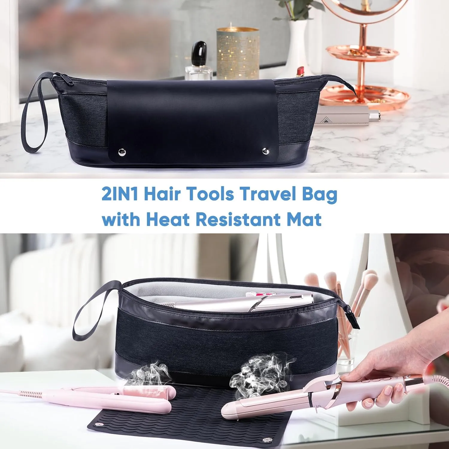 2IN1 Hair Tools Travel Bag with Removable Heat Resistant Mat Curling Iron Travel Case, Hair Dryer Organizer for Flat Irons, Straighteners and Haircare Accessories, Hot Tools Travel Bag Hair