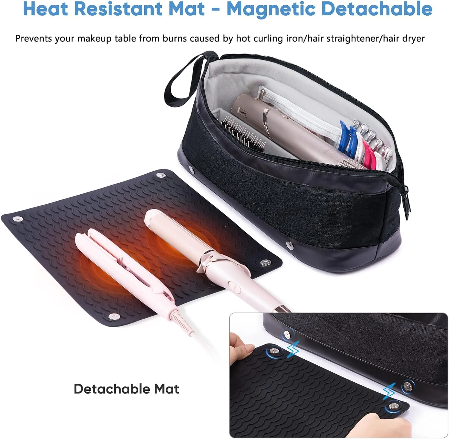 2IN1 Hair Tools Travel Bag with Removable Heat Resistant Mat Curling Iron Travel Case, Hair Dryer Organizer for Flat Irons, Straighteners and Haircare Accessories, Hot Tools Travel Bag Hair