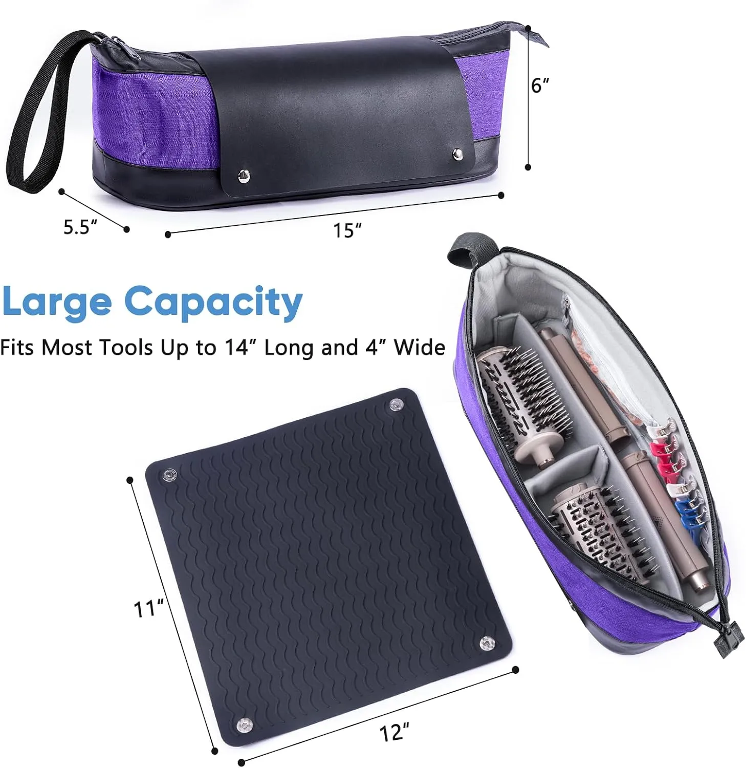 2IN1 Hair Tools Travel Bag with Removable Heat Resistant Mat Curling Iron Travel Case, Hair Dryer Organizer for Flat Irons, Straighteners and Haircare Accessories, Hot Tools Travel Bag Hair