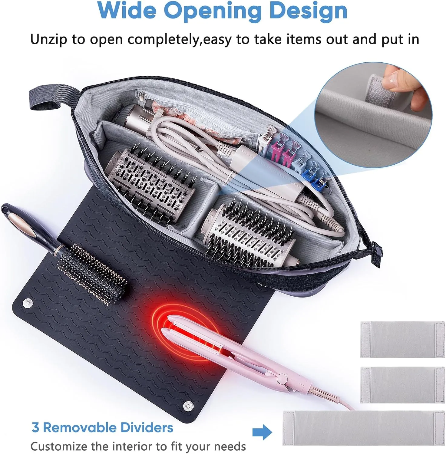 2IN1 Hair Tools Travel Bag with Removable Heat Resistant Mat Curling Iron Travel Case, Hair Dryer Organizer for Flat Irons, Straighteners and Haircare Accessories, Hot Tools Travel Bag Hair