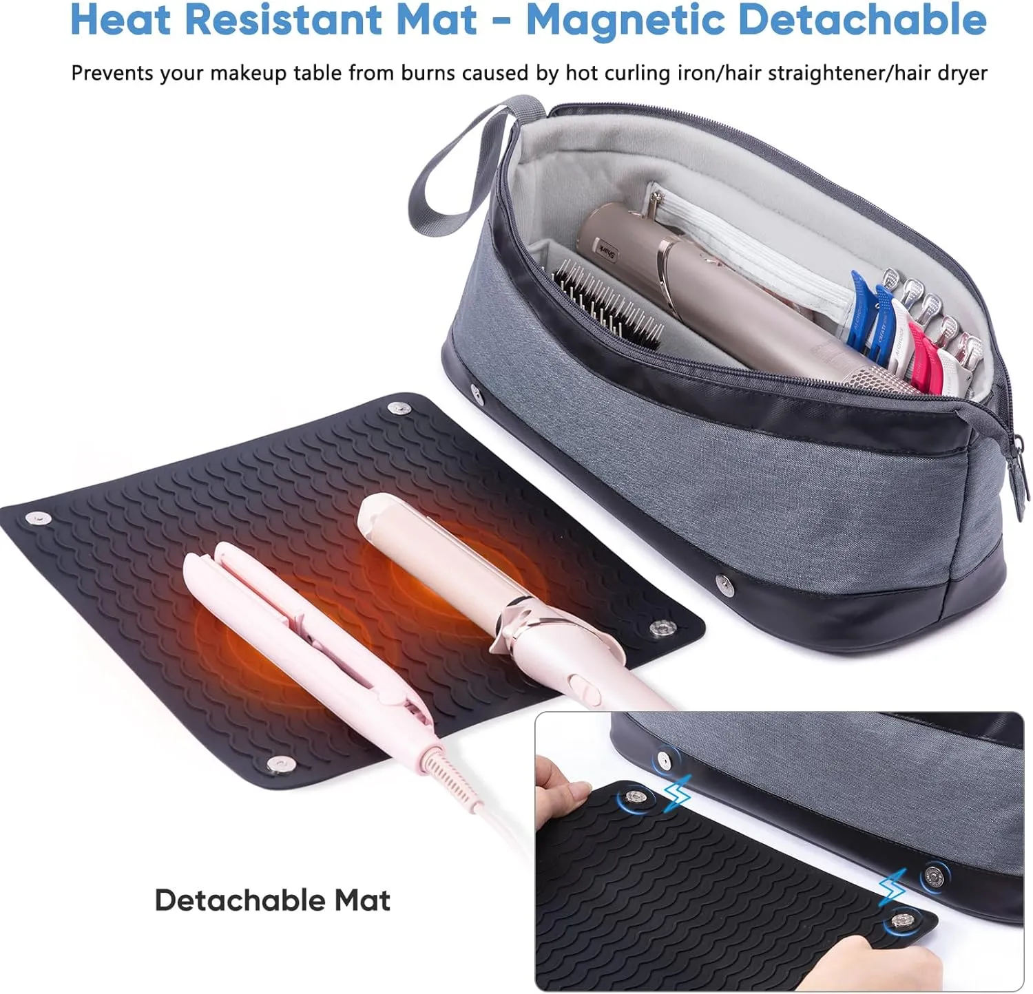 2IN1 Hair Tools Travel Bag with Removable Heat Resistant Mat Curling Iron Travel Case, Hair Dryer Organizer for Flat Irons, Straighteners and Haircare Accessories, Hot Tools Travel Bag Hair