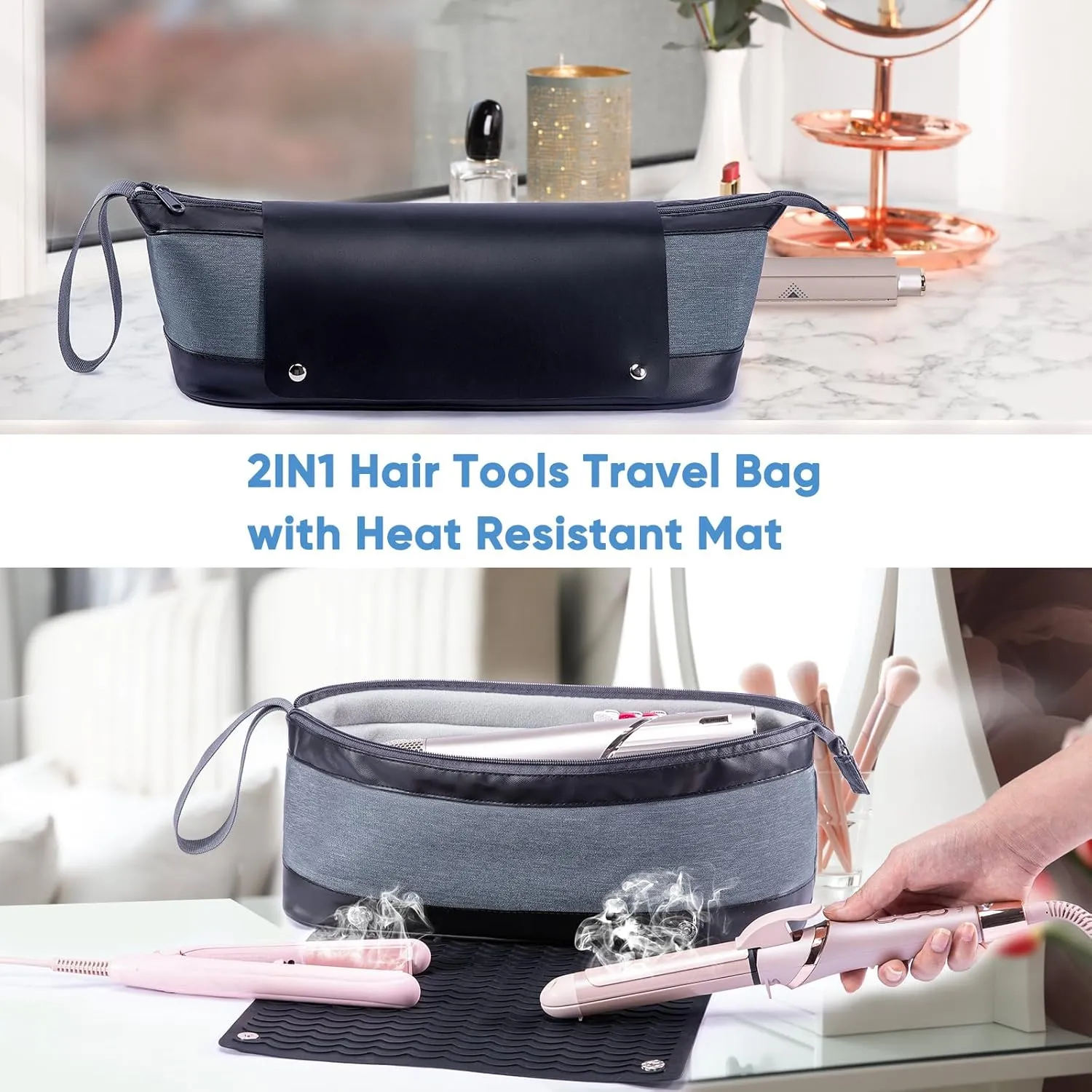 2IN1 Hair Tools Travel Bag with Removable Heat Resistant Mat Curling Iron Travel Case, Hair Dryer Organizer for Flat Irons, Straighteners and Haircare Accessories, Hot Tools Travel Bag Hair