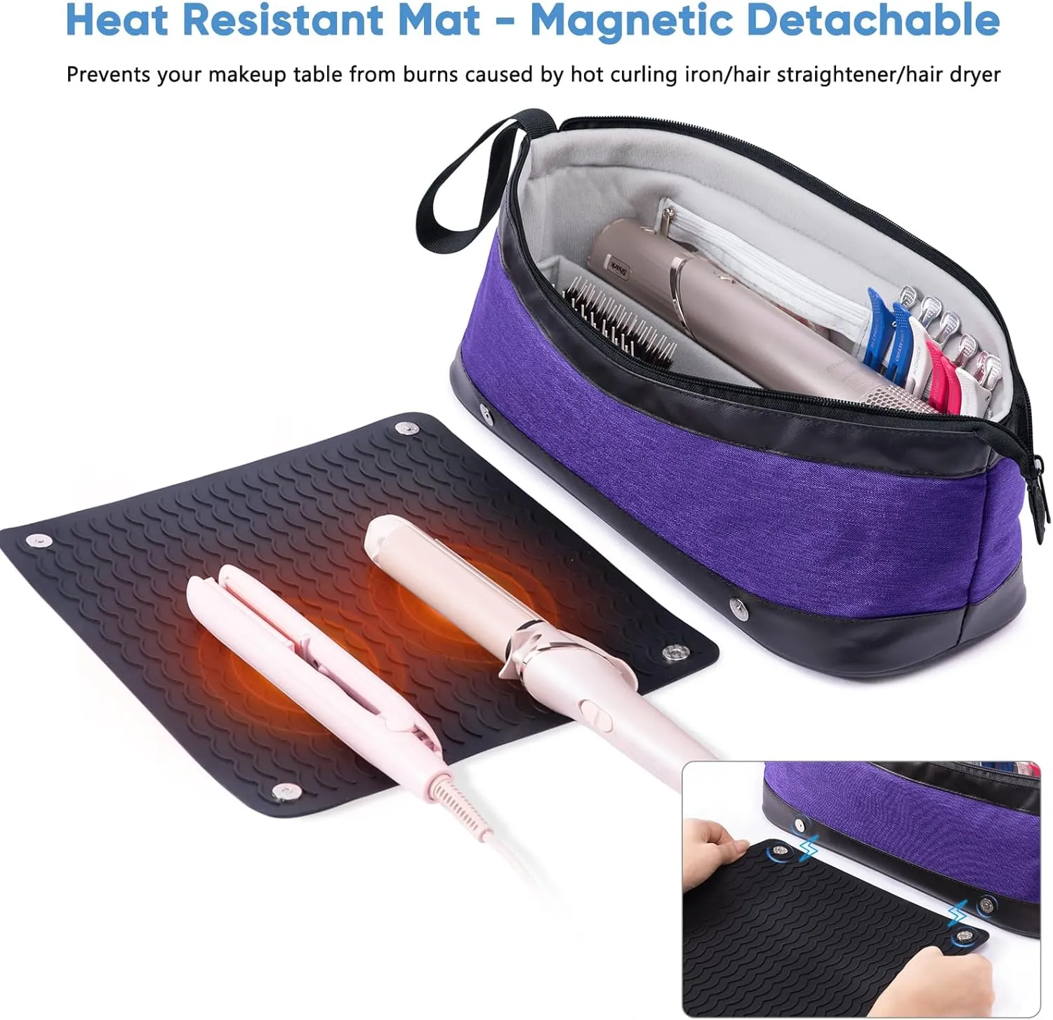 2IN1 Hair Tools Travel Bag with Removable Heat Resistant Mat Curling Iron Travel Case, Hair Dryer Organizer for Flat Irons, Straighteners and Haircare Accessories, Hot Tools Travel Bag Hair
