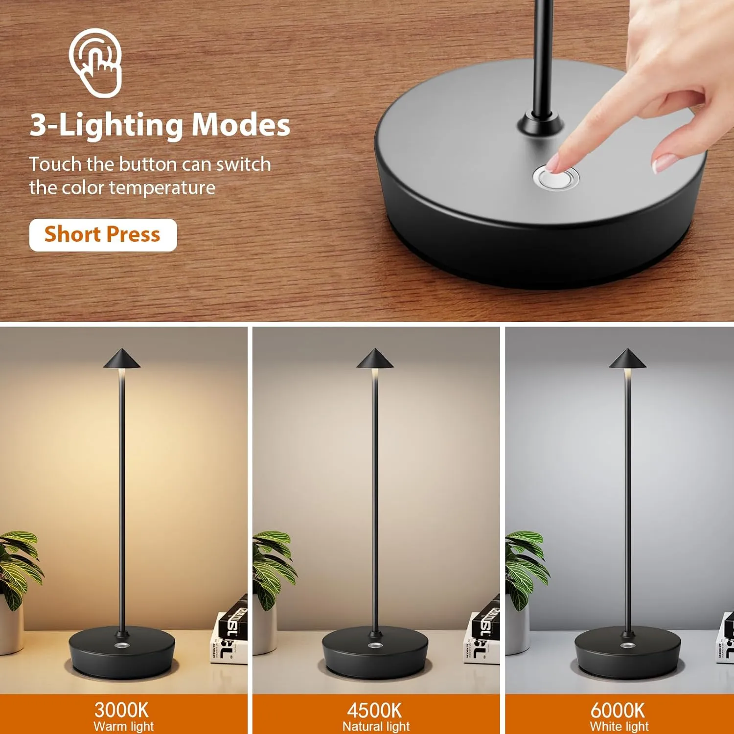 2Pack Rechargeable Cordless Table Lamp, Portable Powered LED Battery 6000mAh Metal USB Desk Lamp, 3 Levels Brightness Light for Restaurants Outdoor (2pack Black)