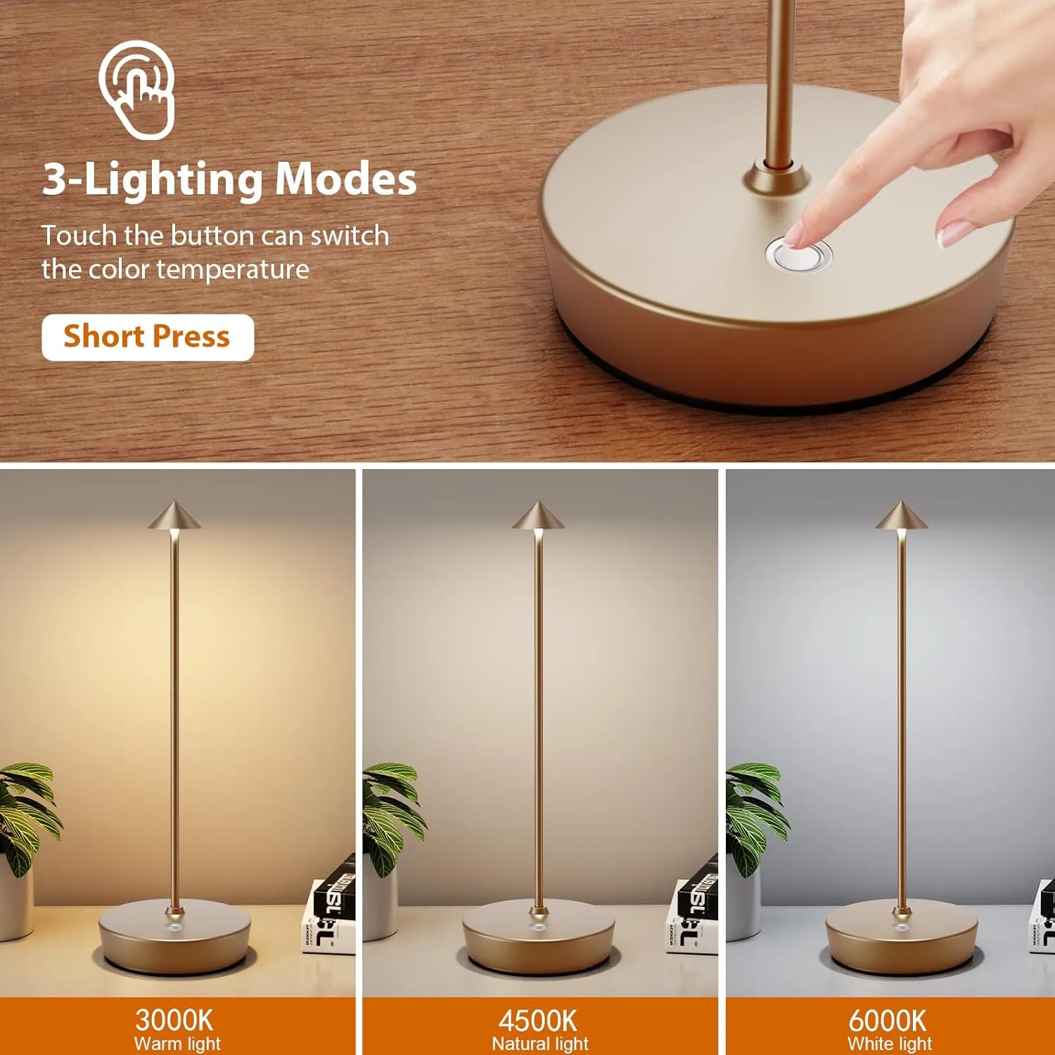 2Pack Rechargeable Cordless Table Lamp, Portable Powered LED Battery 6000mAh Metal USB Desk Lamp, 3 Levels Brightness Light for Restaurants Outdoor (2pack Titanium)