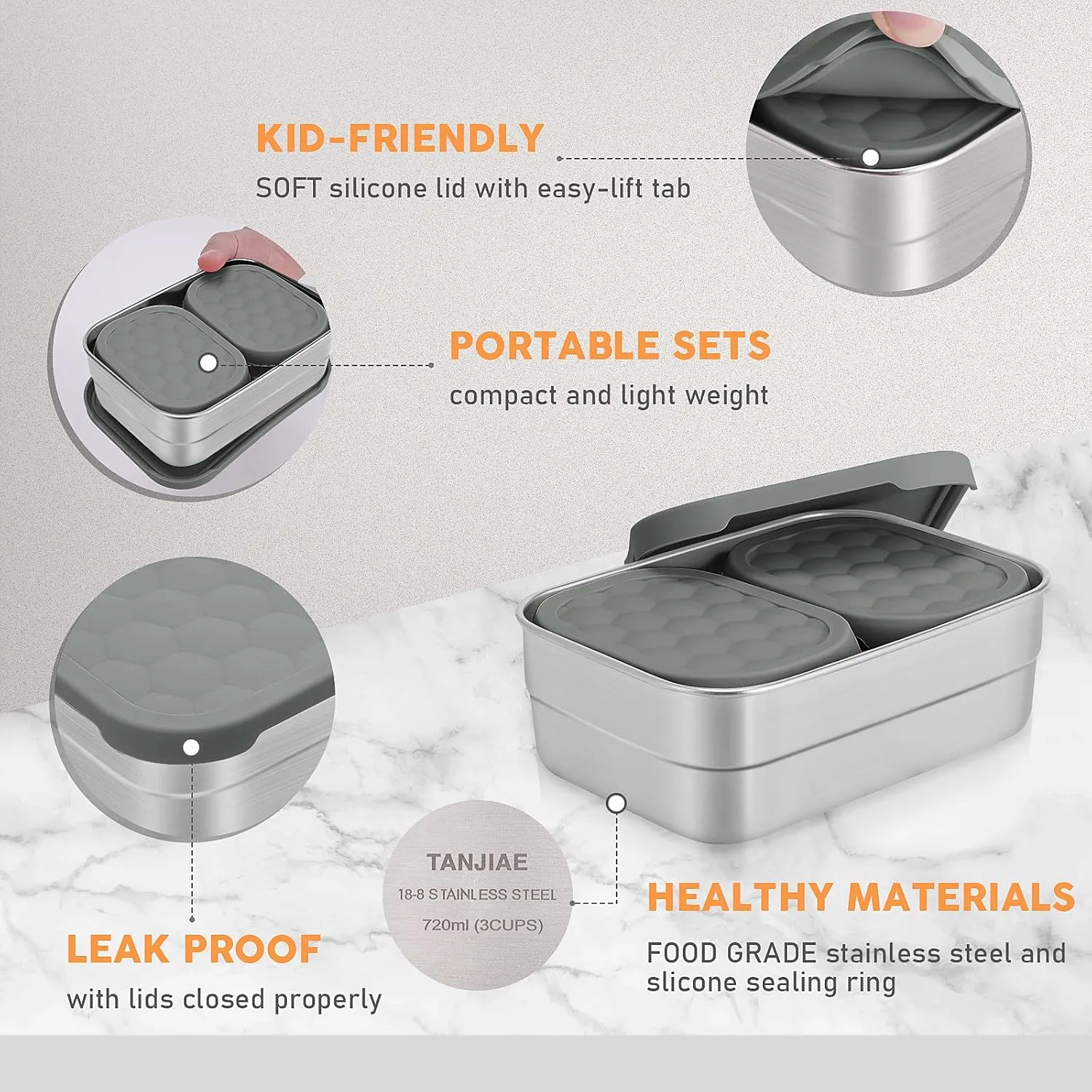 3 CUP 1 CUP Stainless Steel Lunch Snack Containers Set | Leak Proof 304 Stainless Steel Food Containers with Silicone Lids - Perfect Metal Lunch Box for School and Daycare (25oz 8oz*2)