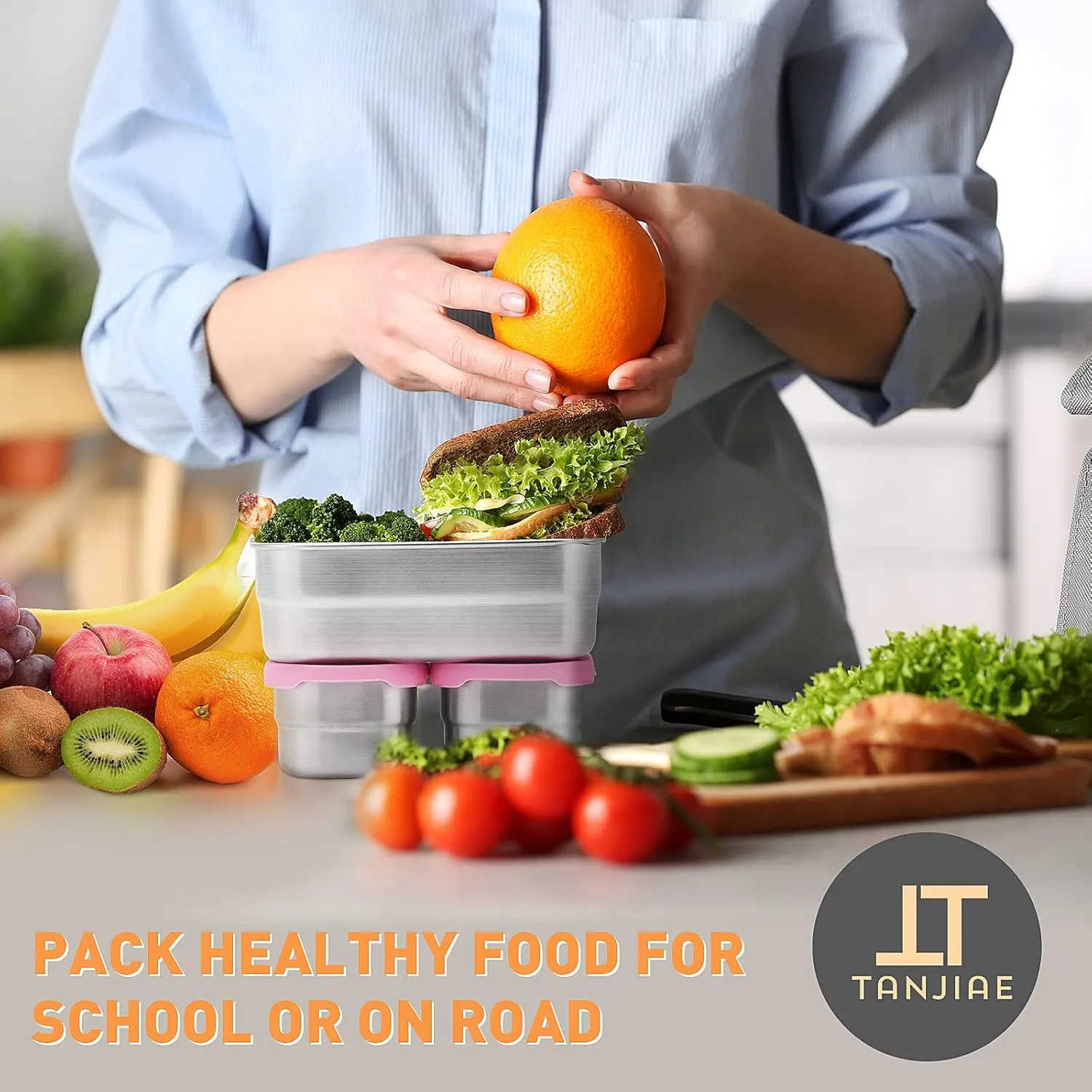 3 CUP 1 CUP Stainless Steel Lunch Snack Containers Set | Leak Proof 304 Stainless Steel Food Containers with Silicone Lids - Perfect Metal Lunch Box for School and Daycare (25oz 8oz*2)