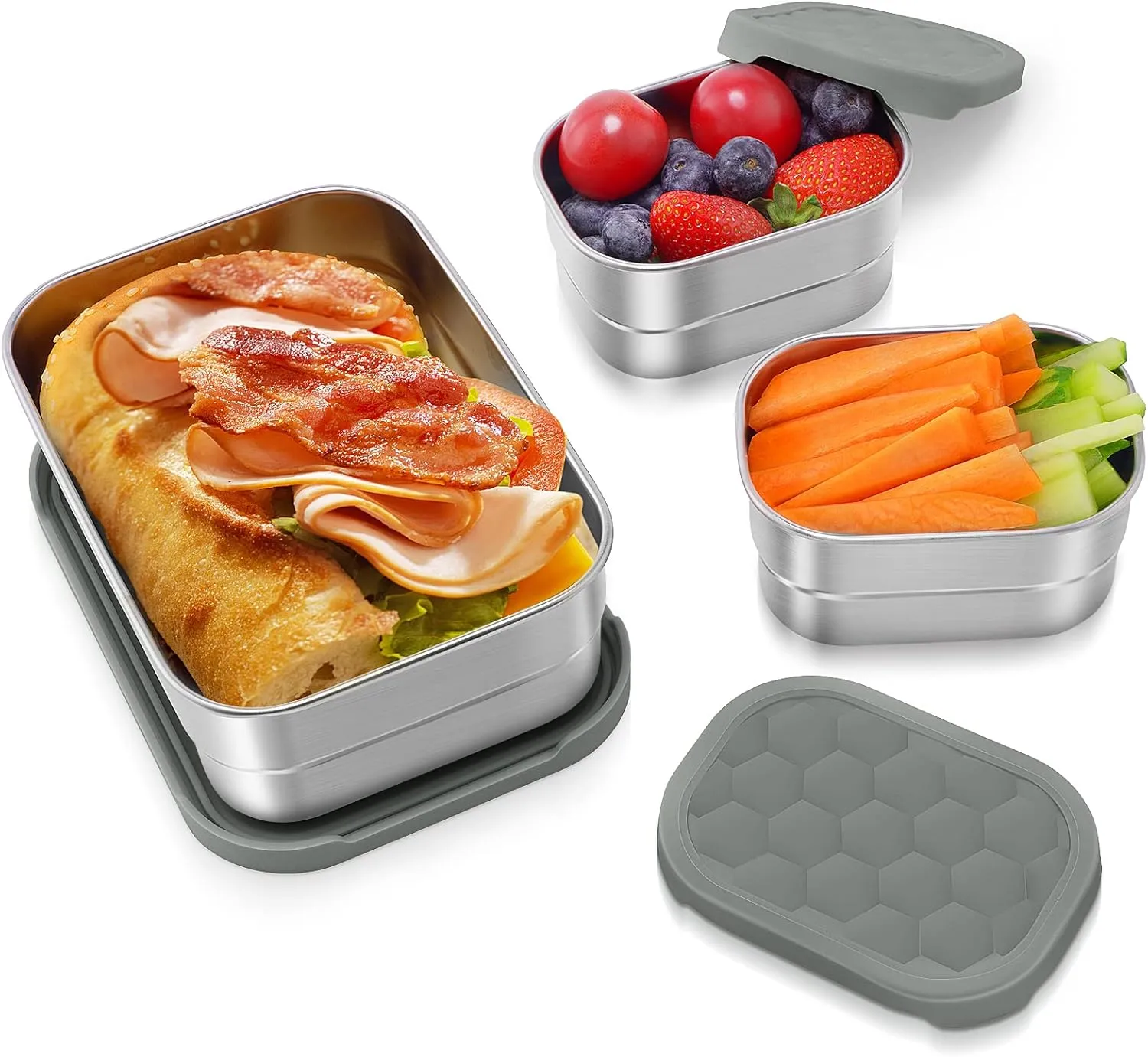 3 CUP 1 CUP Stainless Steel Lunch Snack Containers Set | Leak Proof 304 Stainless Steel Food Containers with Silicone Lids - Perfect Metal Lunch Box for School and Daycare (25oz 8oz*2)