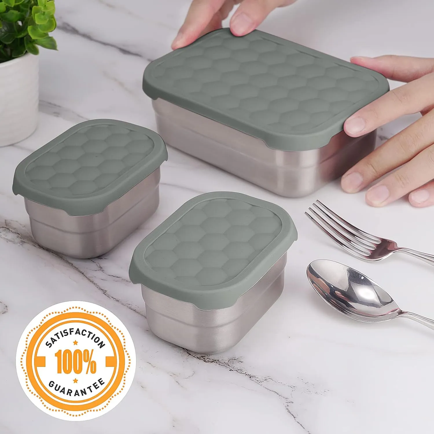 3 CUP 1 CUP Stainless Steel Lunch Snack Containers Set | Leak Proof 304 Stainless Steel Food Containers with Silicone Lids - Perfect Metal Lunch Box for School and Daycare (25oz 8oz*2)