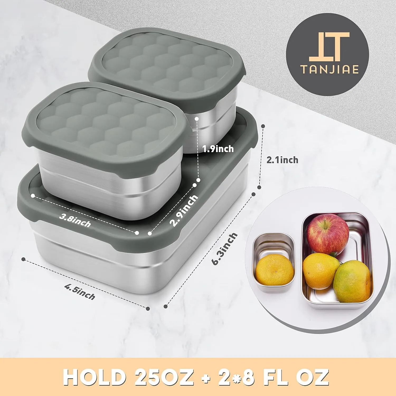 3 CUP 1 CUP Stainless Steel Lunch Snack Containers Set | Leak Proof 304 Stainless Steel Food Containers with Silicone Lids - Perfect Metal Lunch Box for School and Daycare (25oz 8oz*2)