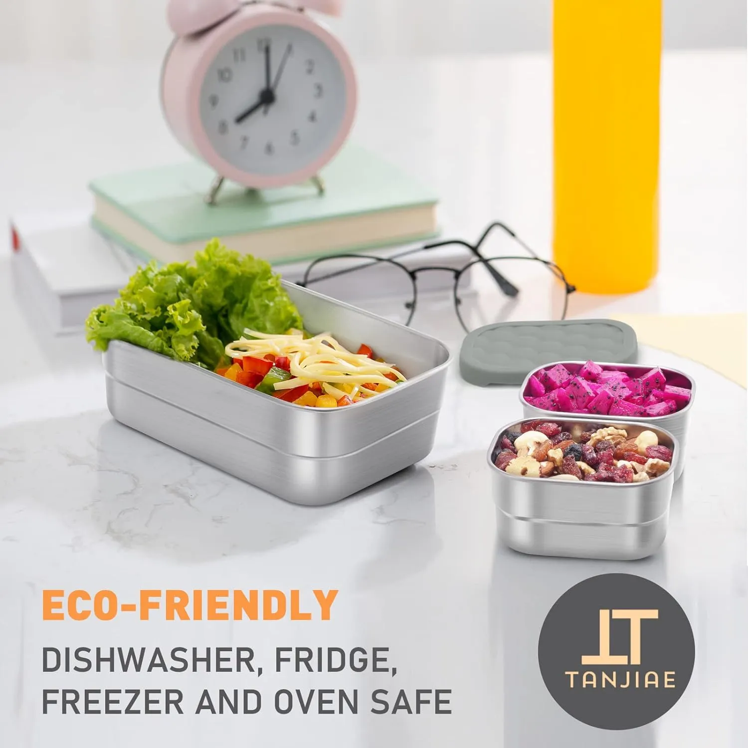 3 CUP 1 CUP Stainless Steel Lunch Snack Containers Set | Leak Proof 304 Stainless Steel Food Containers with Silicone Lids - Perfect Metal Lunch Box for School and Daycare (25oz 8oz*2)